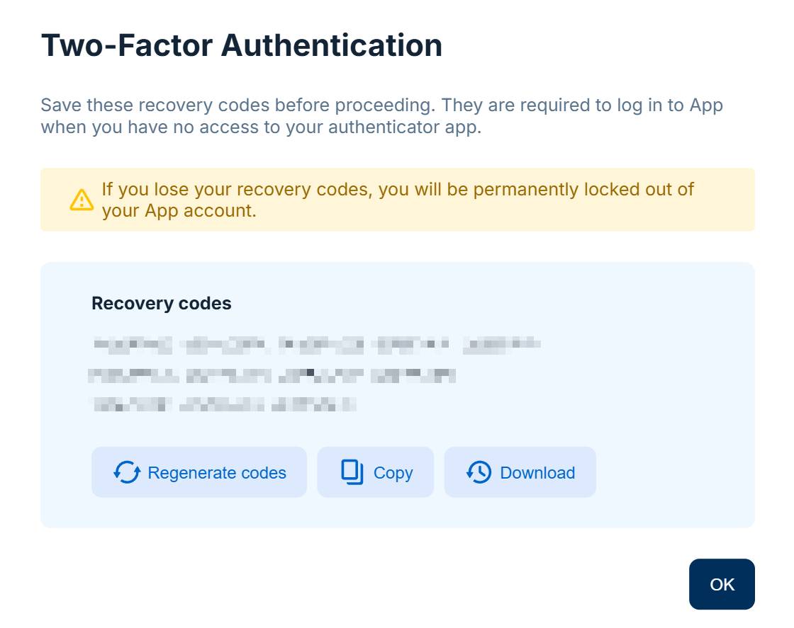 Displayed recovery codes